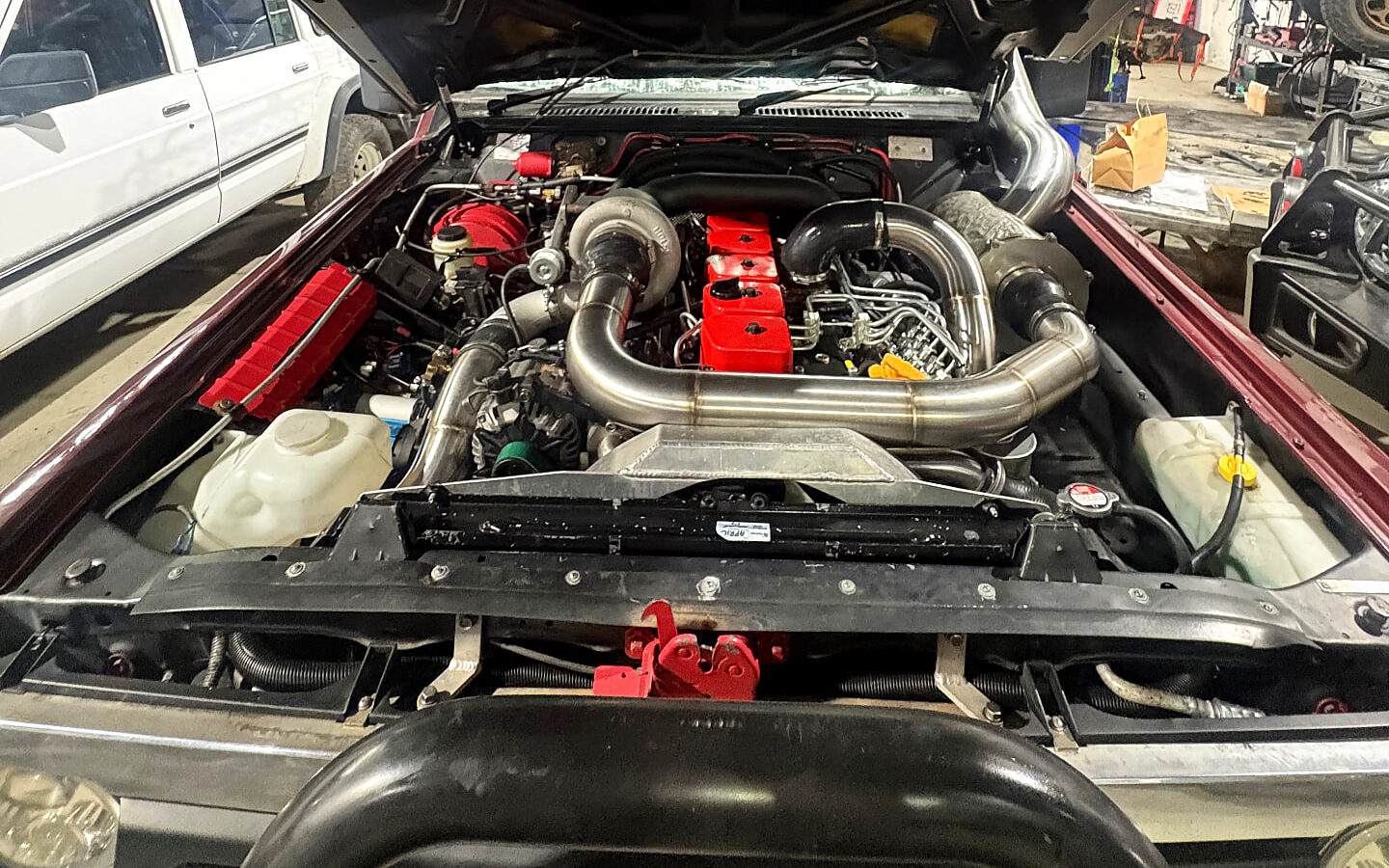 Engine bay of a GQ Nissan Patrol with a GC Patrols 6BT Cummins conversion