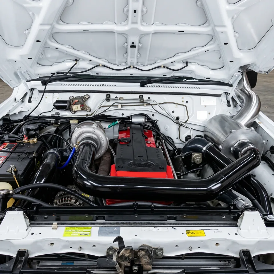 Ben’s red Barra engine in a GQ Nissan Patrol conversion