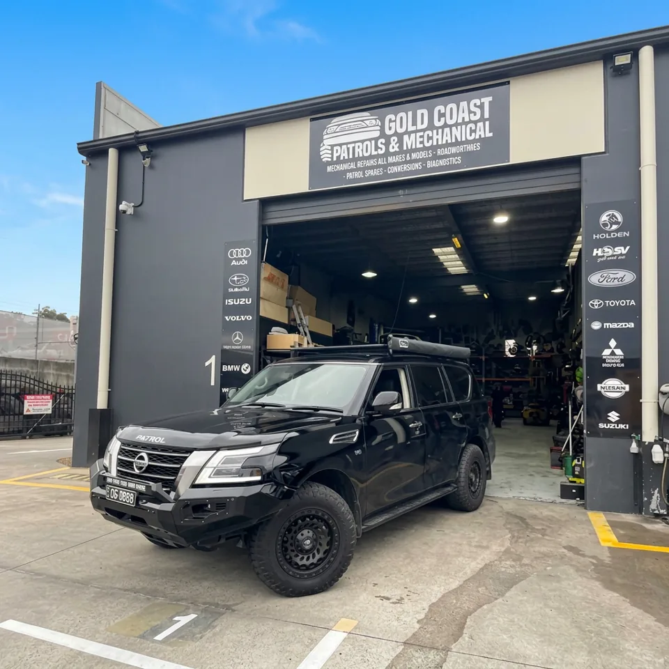 Jimmy’s black Nissan Patrol Y62 outside the GC Patrols workshop